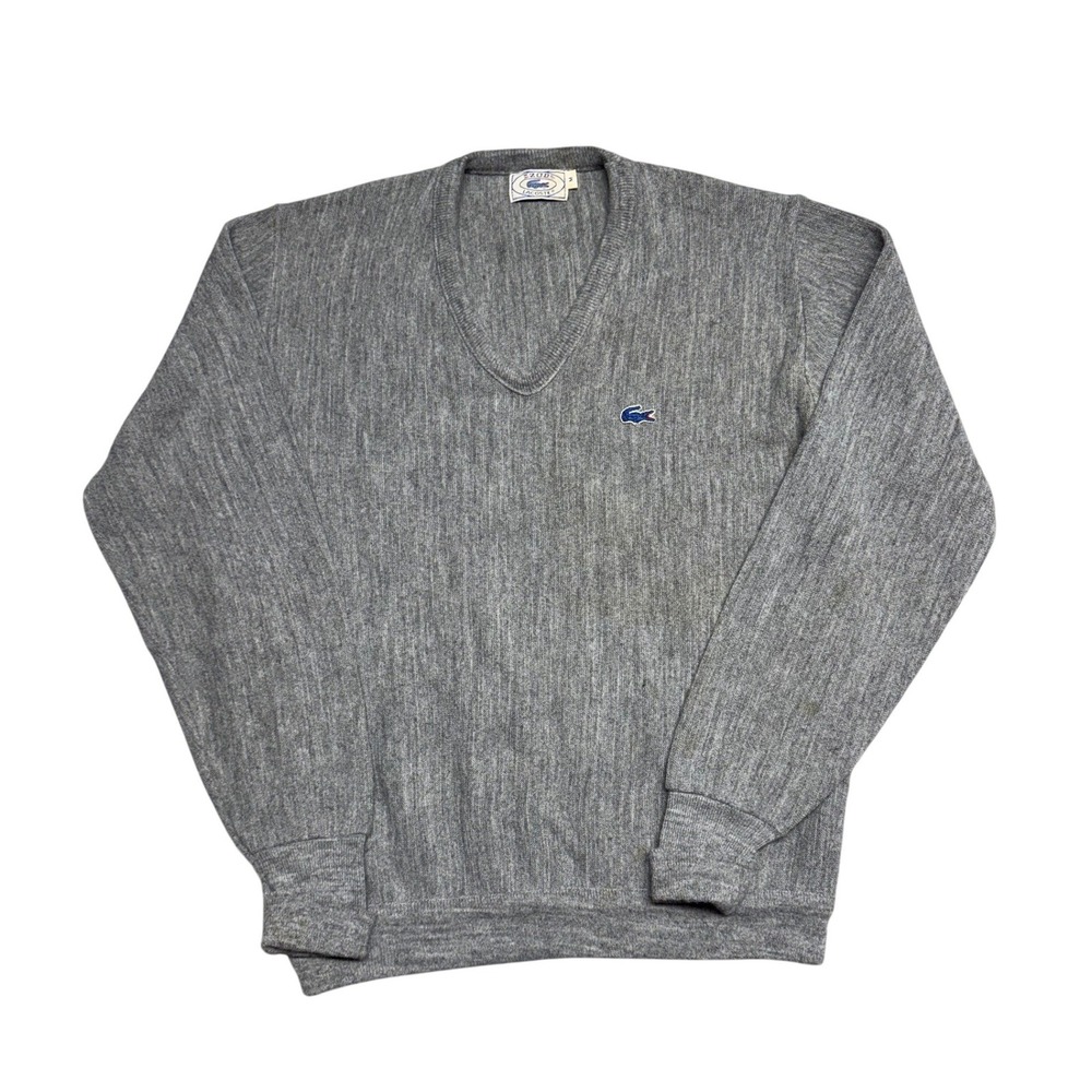 Vintage Izod Lacoste Mens Gray V-Neck Orlon Acrylic Sweater Size M